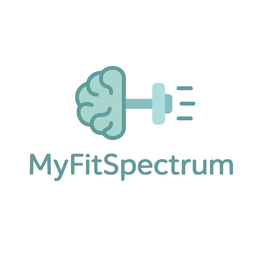Logo with a brain illustration and a dumbbell, and the text 'MyFitSpectrum'