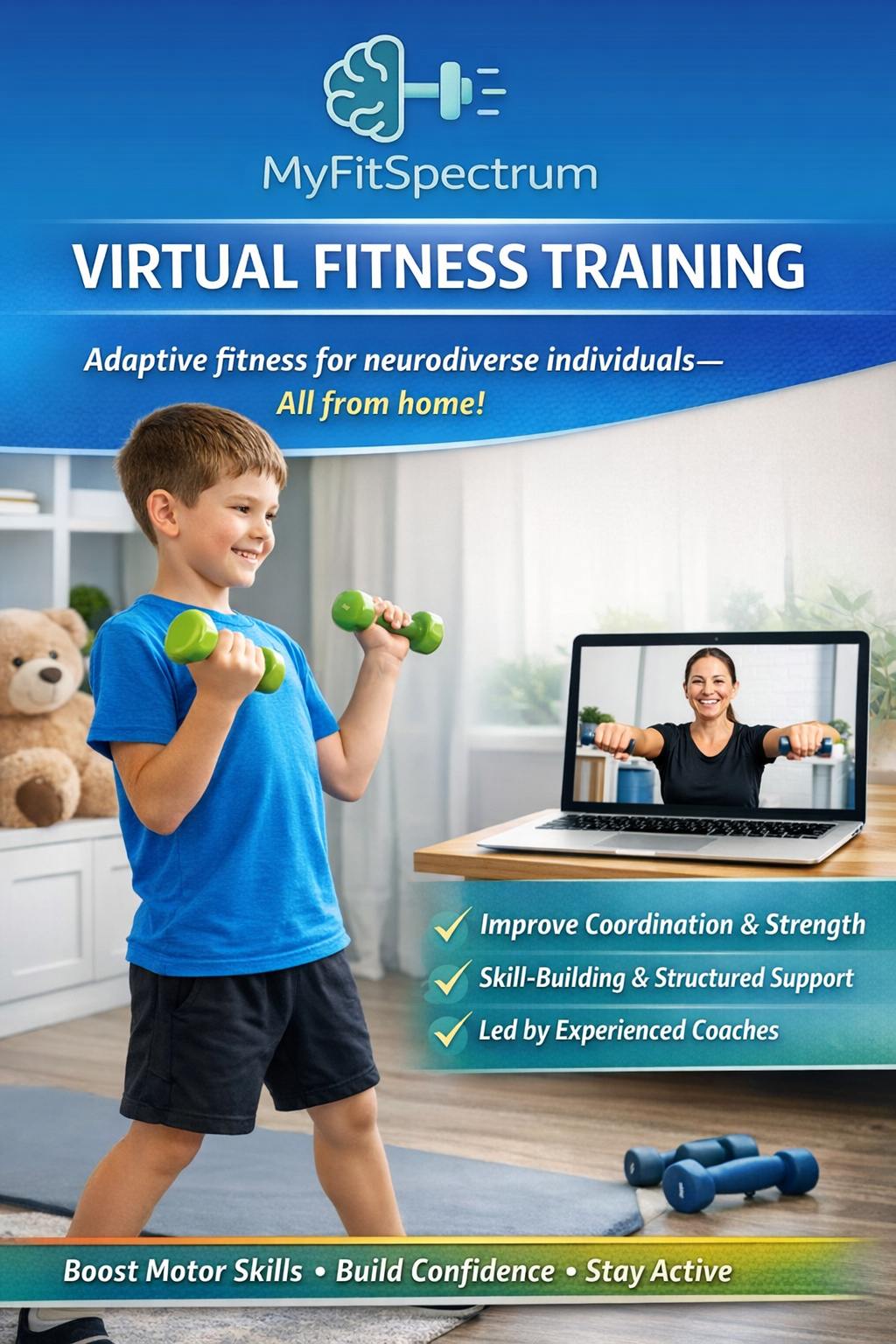 A boy exercising with dumbbells during a virtual fitness training session on a laptop, with promotional text about an at-home online fitness program for neurodiverse individuals.