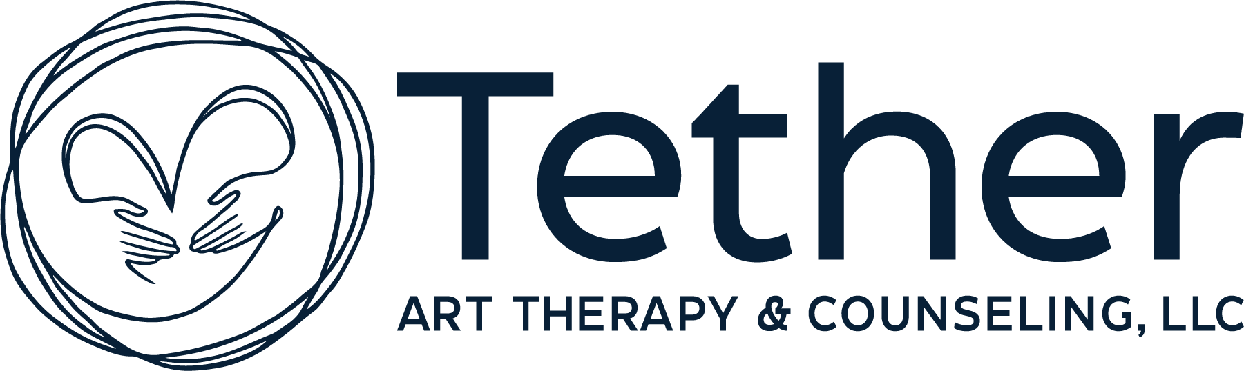 Tether Art Therapy and Counseling, LLC, and logo for the LLC of a stylized heart being held gently with two hands