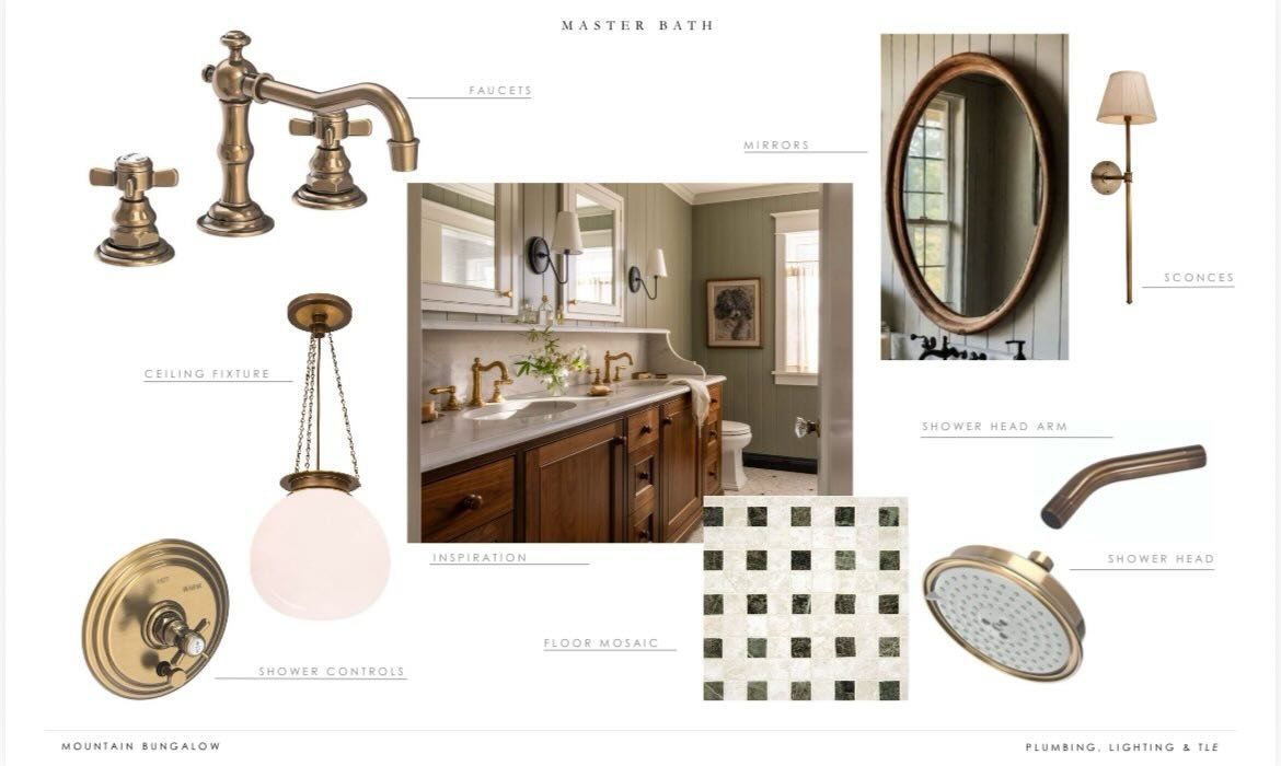 A small glimpse at one of our image boards for our mountain bungalow renovation. Leaning towards antique brass fixtures, repurposed wooden mirrors and refined light fixtures for this primary bath.