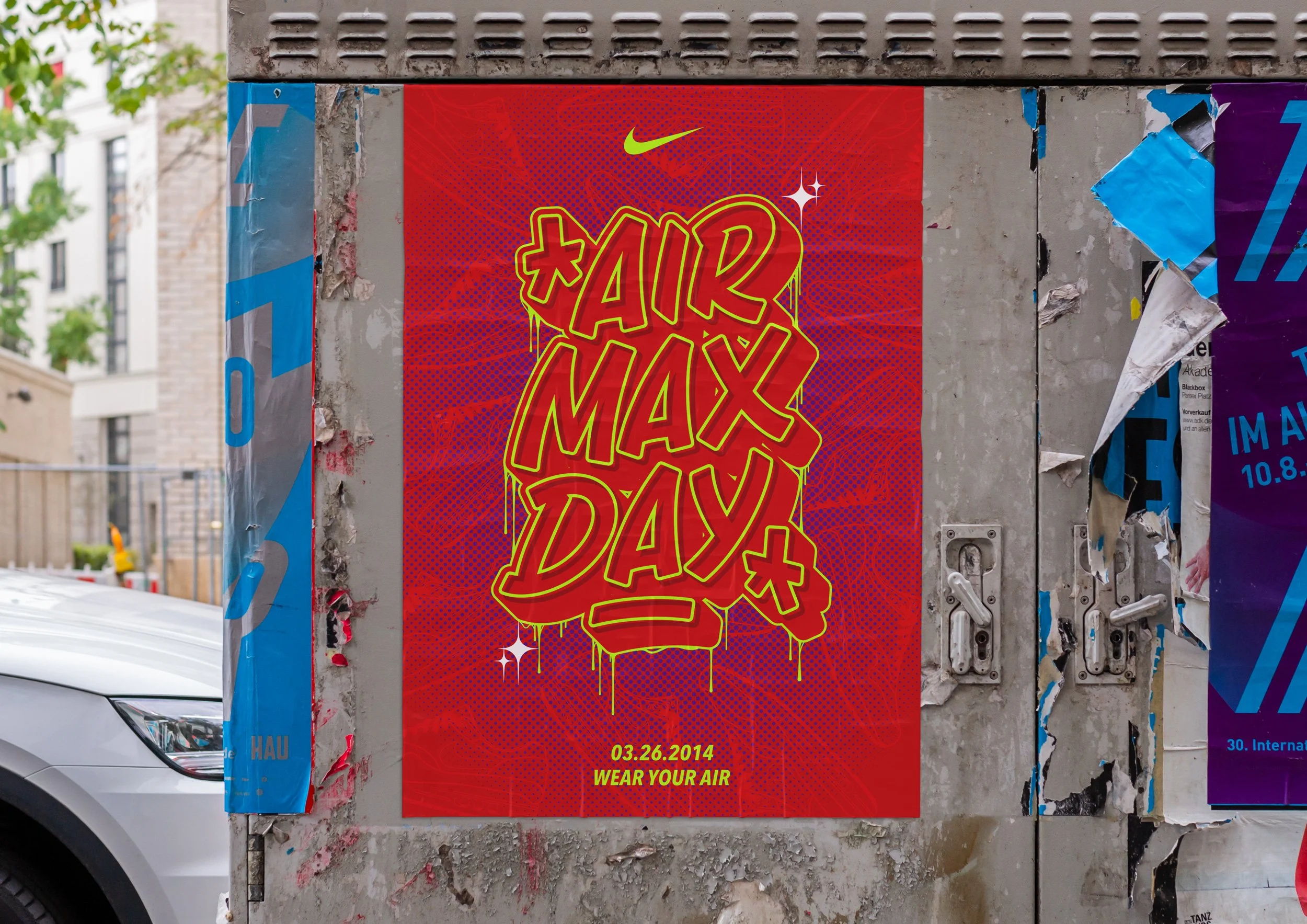 Air Max Day poster with red background and yellow text.