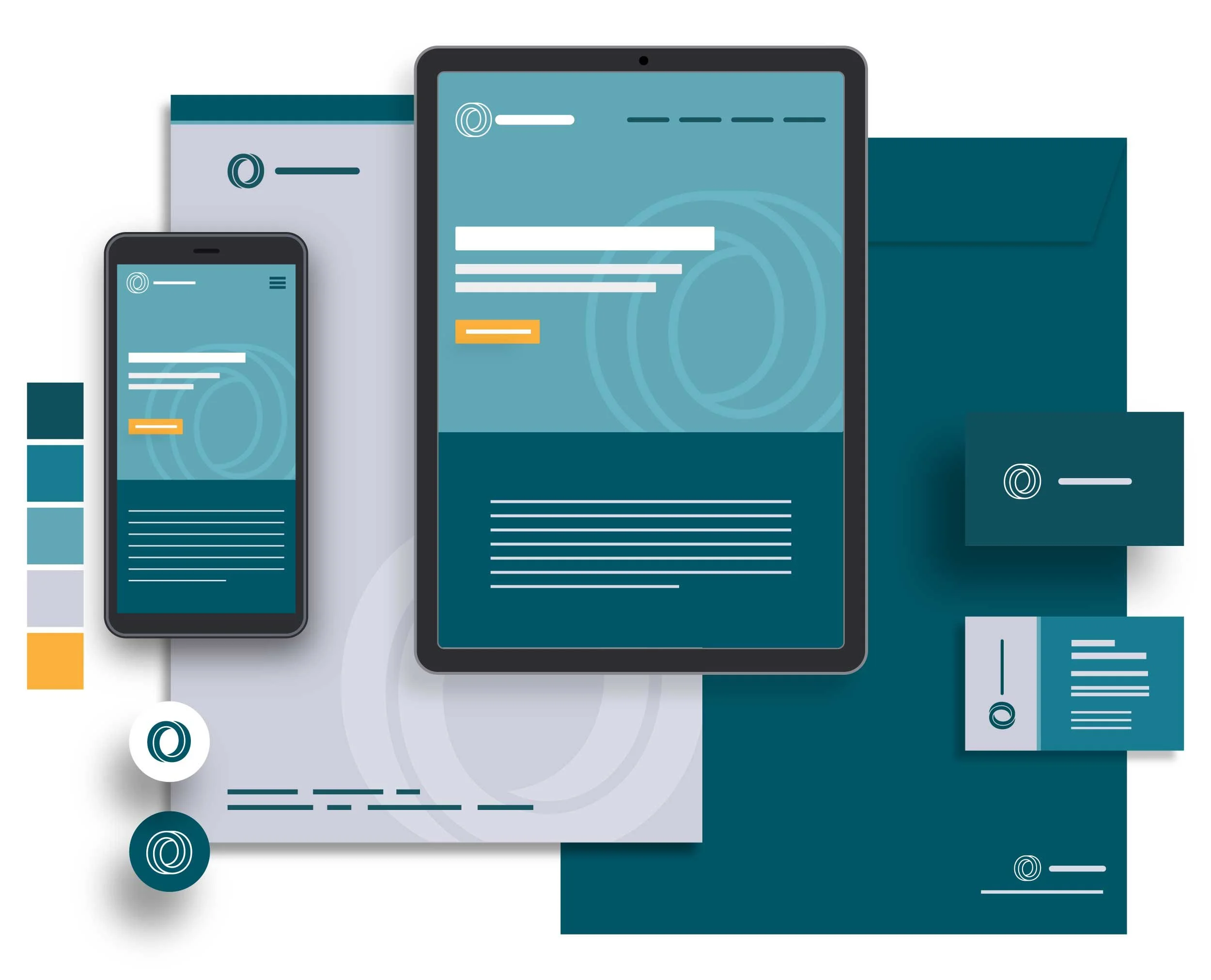 Digital graphic of a smartphone and tablet displaying a user interface, surrounded by various abstract digital elements and color swatches.