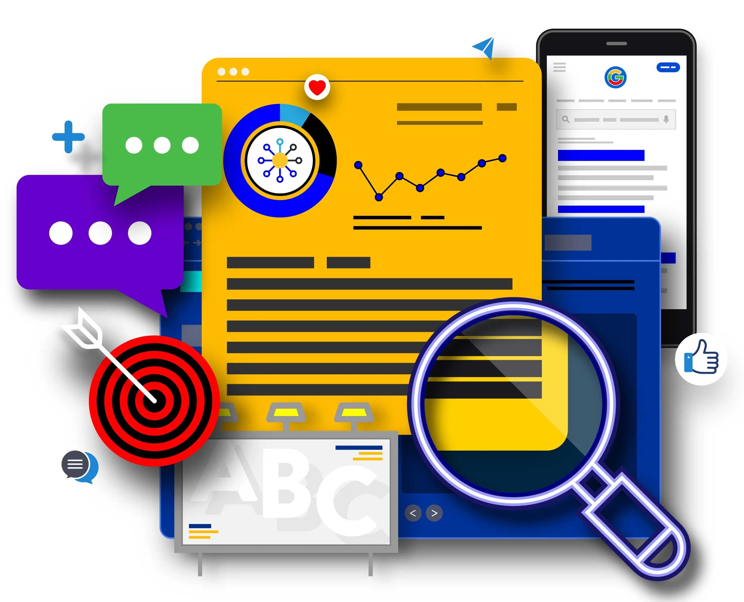 Digital illustration of data analysis, online search, and social media icons, including a magnifying glass, line charts, chat bubbles, a target with an arrow, and social media symbols.
