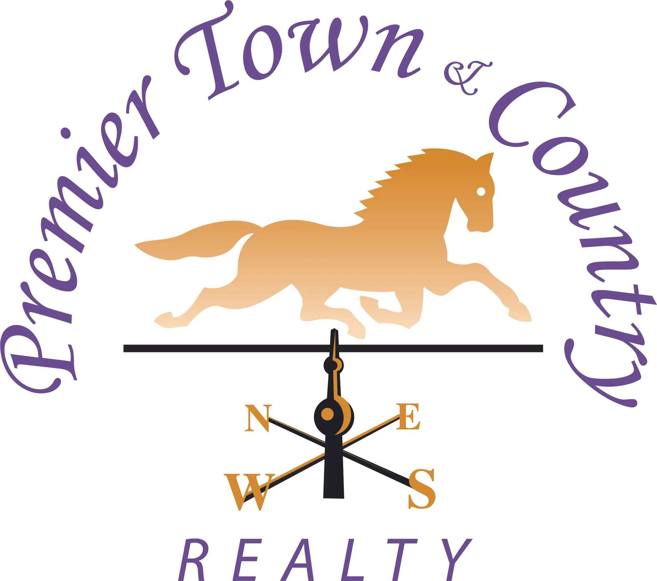 Logo for Pendermier Town & County Realty featuring a running horse and a compass with north, east, south, west directions.