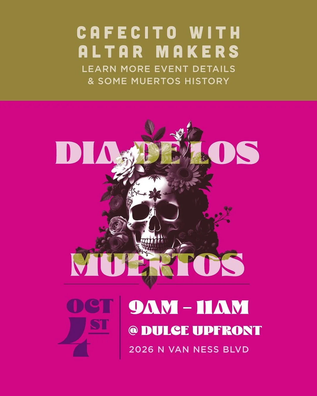 50+ community altars for Dia De Muertos. For those creating an altar please come by this Saturday October 4th 9-11am to gather some Muertos history and check out the layout and where you will be able to create your altar. 

We have a few more spaces 