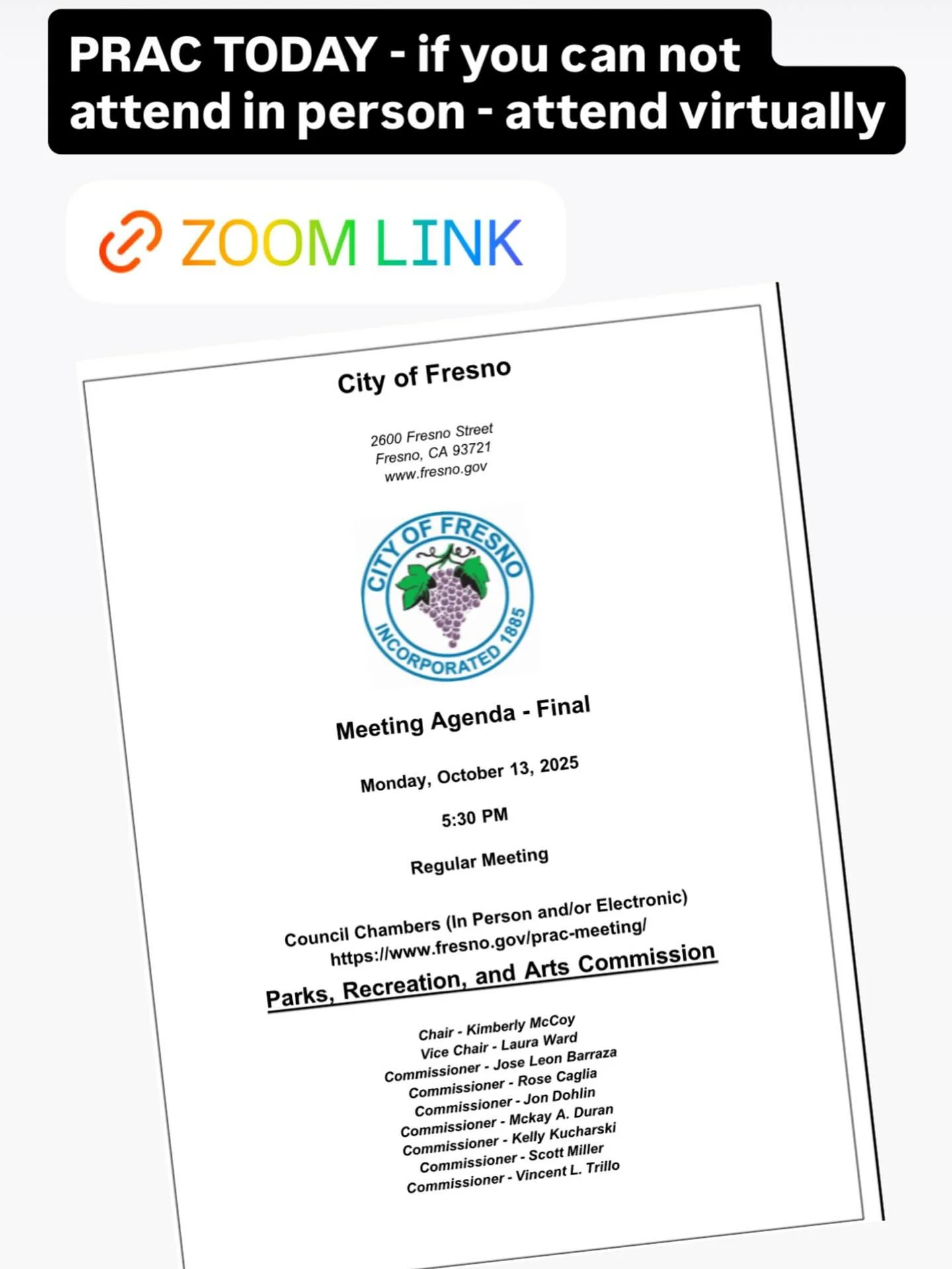 TODAY 10/13/25 PRAC MEETING 5:30pm 
USE YOUR VOICE YOUR PLATFORM YOUR ART. ATTEND. ASK QUESTIONS. DEMAND ANSWERS. 

OVER $6million CITY OF FRESNO TAX PAYER DOLLAR TO ARTS &amp; CULTURAL PROGRAMMING FOR THE NEXT 28 YEARS. WE MUST DEMAND FULL TRANSPARE
