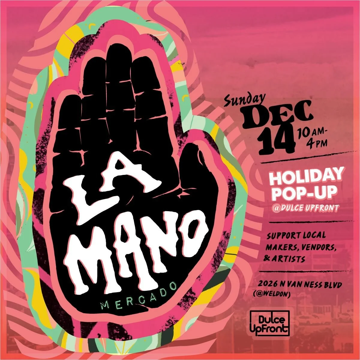 La Mano Mercado is back next month! Celebrate community and creativity with a holiday pop-up full of talented local artists, makers, and vendors. Skip the mall and finish up your xmas list with something truly dope!

Sunday, December 14th // 10am-4pm