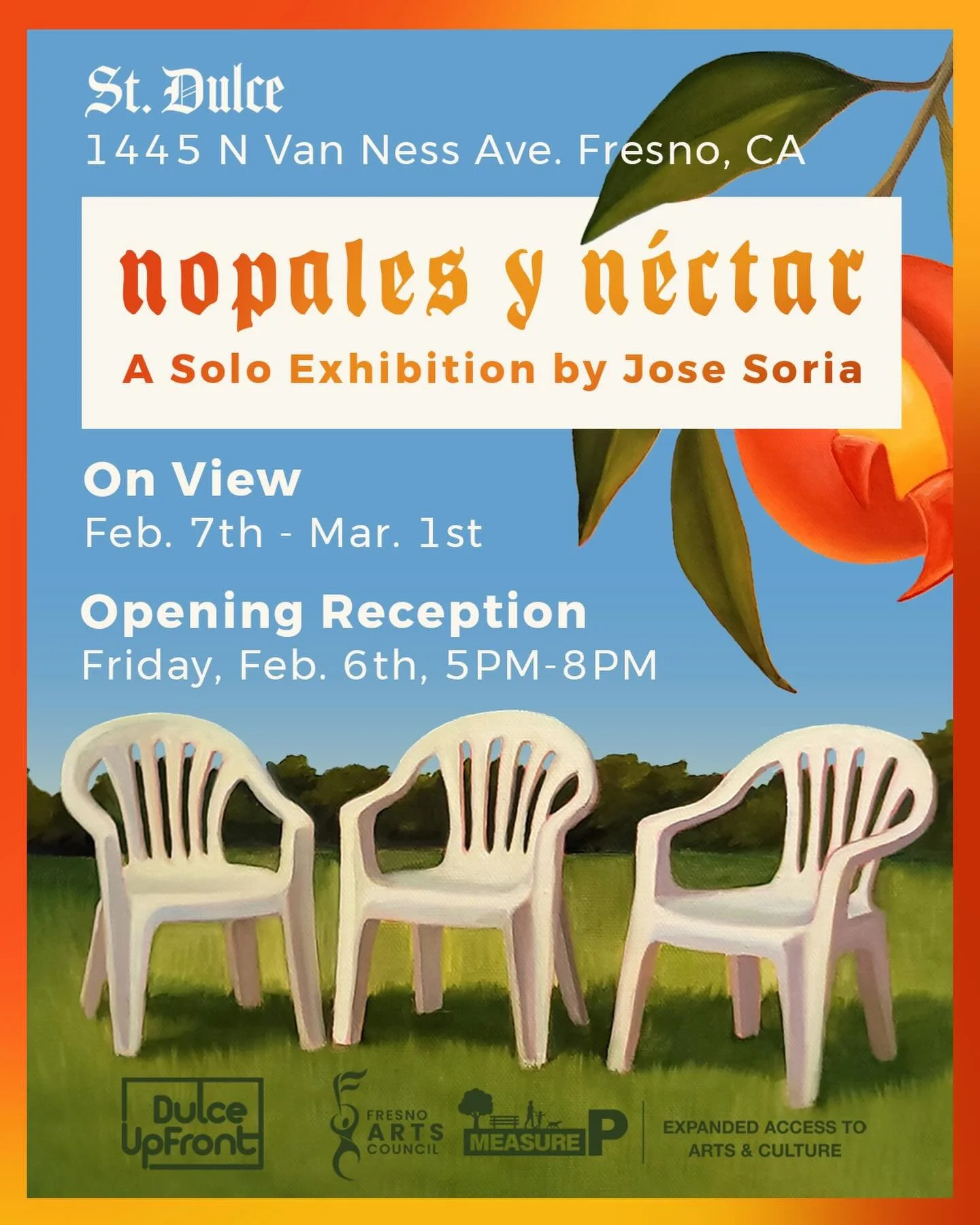 Nopales y N&eacute;ctar
A Solo Exhibition by Jose Soria

(( On View ))
Feb. 7th - Mar. 1st

(( Opening Reception ))
Friday, Feb. 6th, 5-8pm

&ldquo;Nopales y N&eacute;ctar&rdquo; unfolds from memory, family, and identity, rooted in the artist&rsquo;s