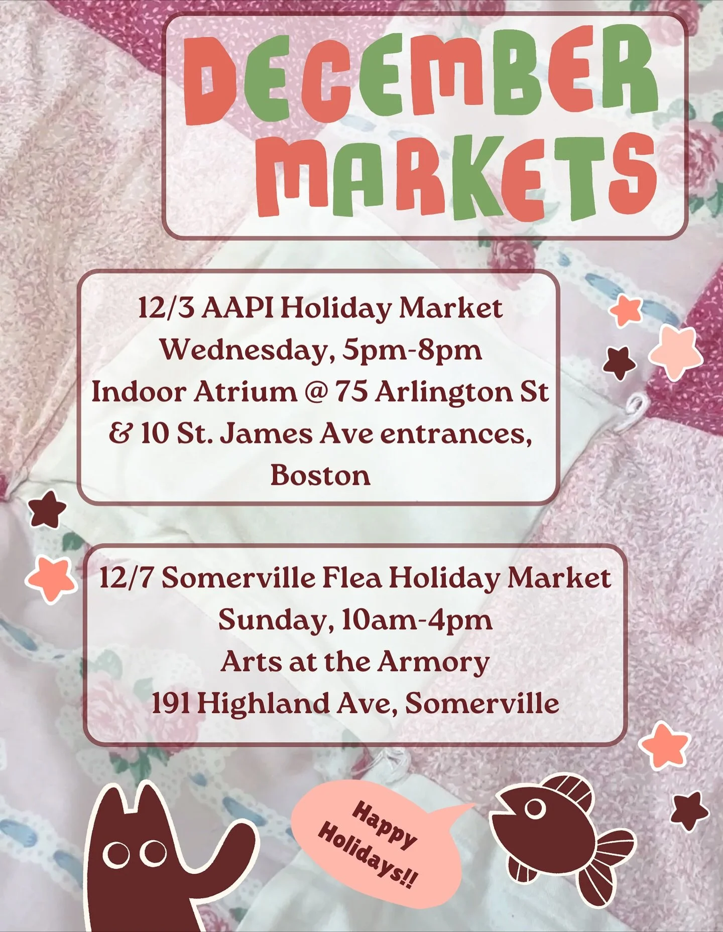 (We have one more market this Sunday at the Charles River Speedway! Details on our November post) The holidays are coming quickly and we are excited to give you our December calendar already!! Please consider shopping local at all of these fun market
