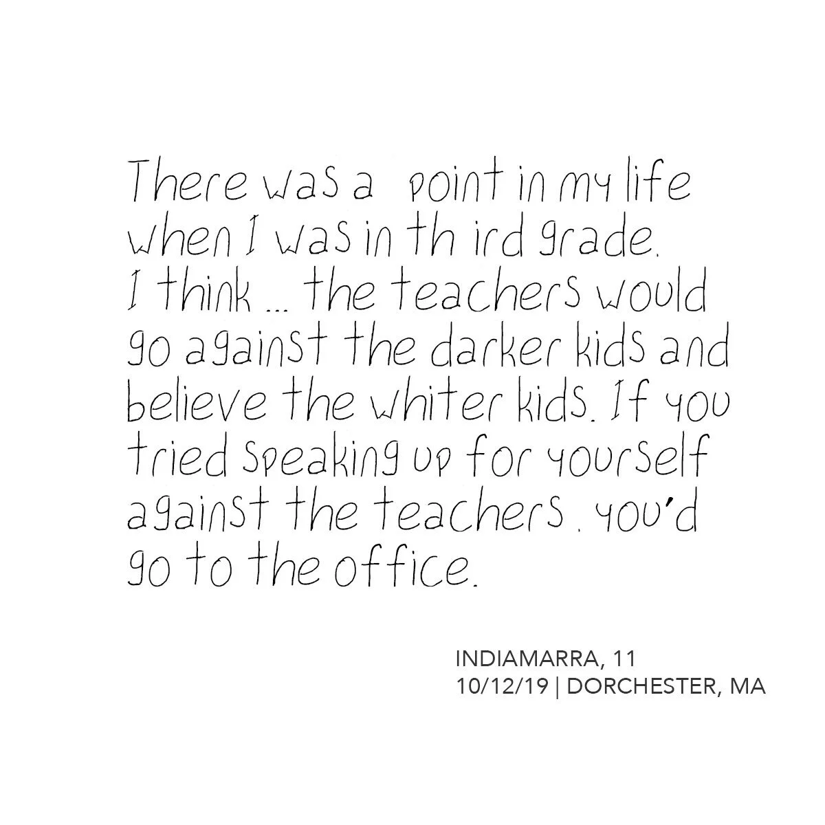 Handwritten note about a childhood experience in third grade, feelings about teachers, and an incident involving speaking up to teachers. The note is dated October 12, 2019, from Dorchester, Massachusetts.