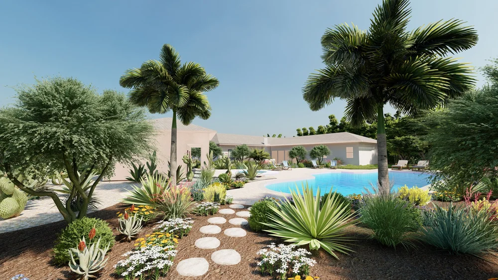 3D landscape design of a San Diego backyard with pool, palms and drought-tolerant plants