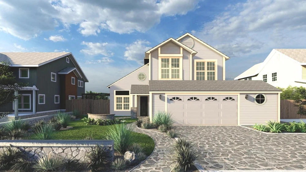 Front yard landscape design with stone walkway and drought-tolerant plants
