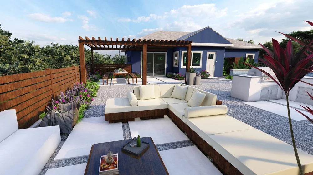 Backyard design with pergola, outdoor lounge and built-in outdoor kitchen