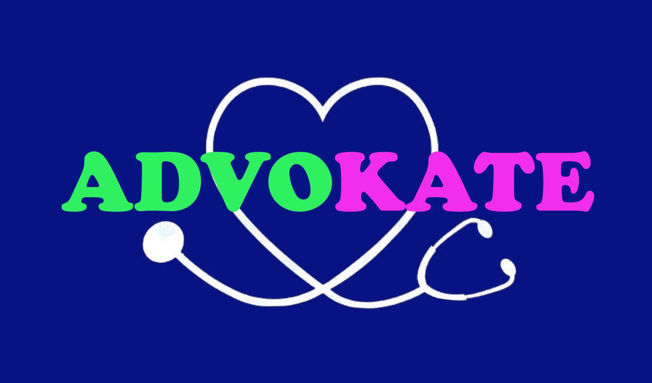 A stethoscope with the word 'ADVOCATE' in colorful letters inside the heart shape formed by the stethoscope's tubing.