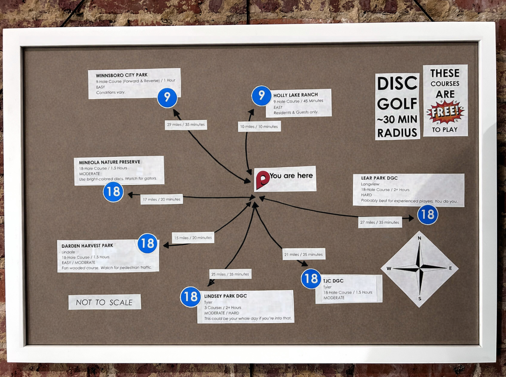 A framed map showing approximate locations of disc golf courses within a 30 minute radius of The Waypoint in Hawkins