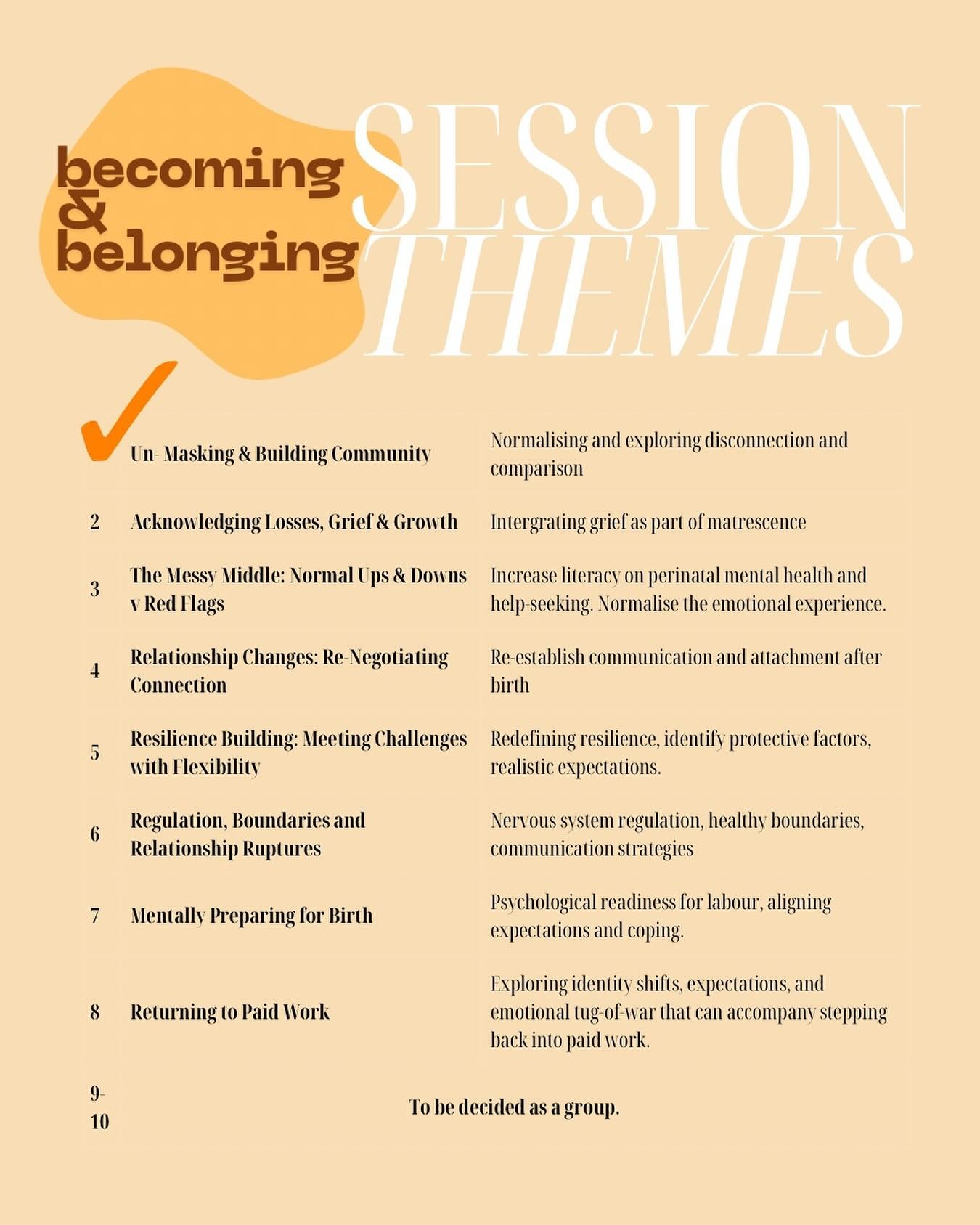 There&rsquo;s two more Becoming &amp; Belonging Workshops before the end of the year! 

Next Tuesday (November 18) we&rsquo;ll be discussing the losses and grief we can experience when becoming mothers and parents. 

✨you do not need to attend all wo