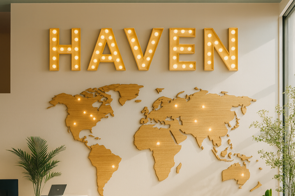 A wall decor featuring the word 'HAVEN' in large illuminated marquee letters above a wooden world map with lights on certain countries. There are plants on either side of the map.