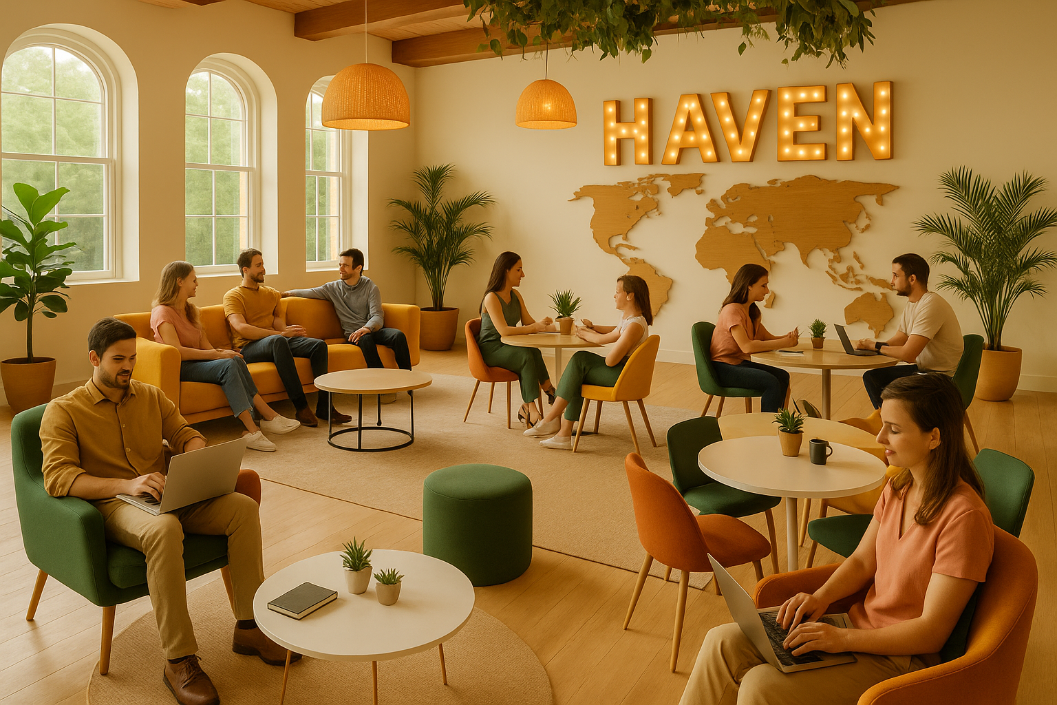 A cozy communal space with large windows, potted plants, wooden ceiling, and warm lighting. Several people are sitting and working on laptops or engaging in conversations. The wall features illuminated letters spelling 'HAVEN' and a world map. The room has colorful chairs, round tables, and decorative plants.