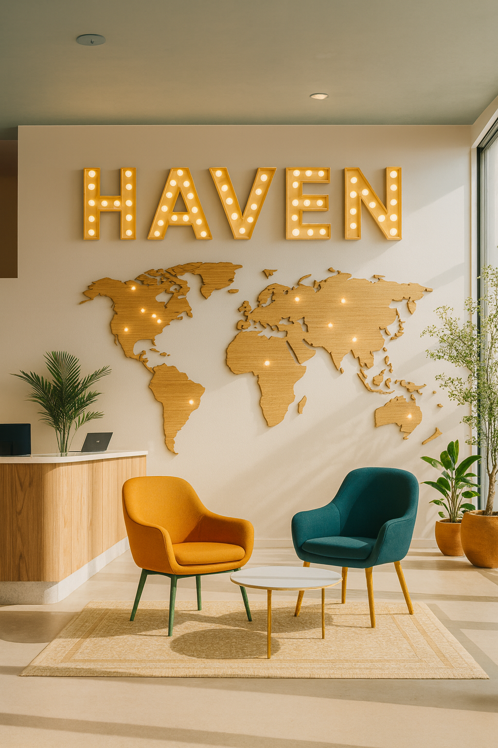 Modern hotel lobby with a world map wall art, marquee letters spelling 'HAVEN' above, two colorful armchairs, a small coffee table, potted plants, and a reception desk.