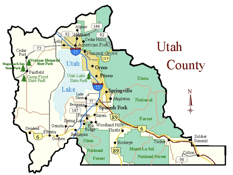 Map of Utah County, Utah showing cities, highways, parks, and natural features.