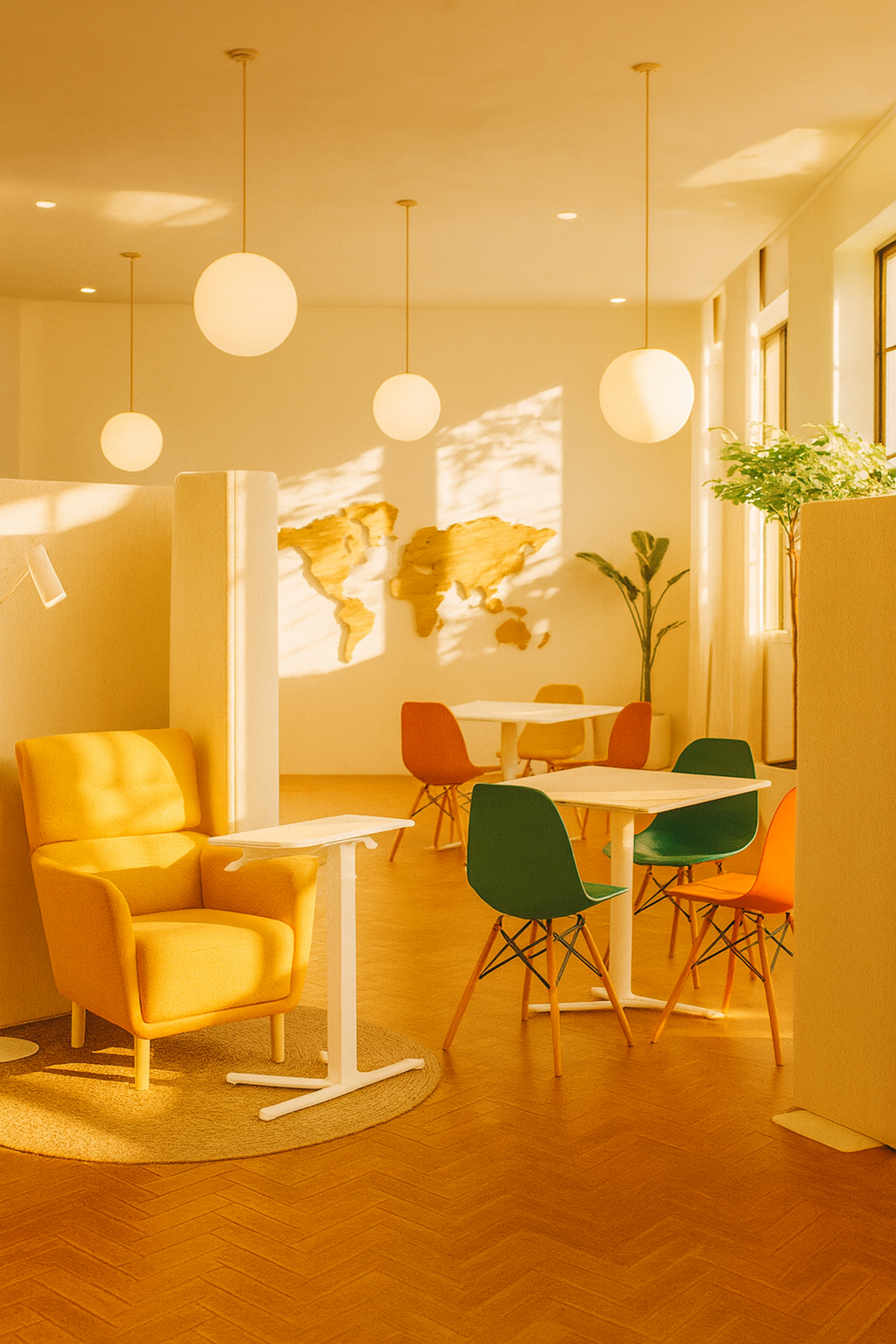Sunlit modern coworking space with yellow armchair, colorful chairs, white tables, world map wall art, and potted plants.