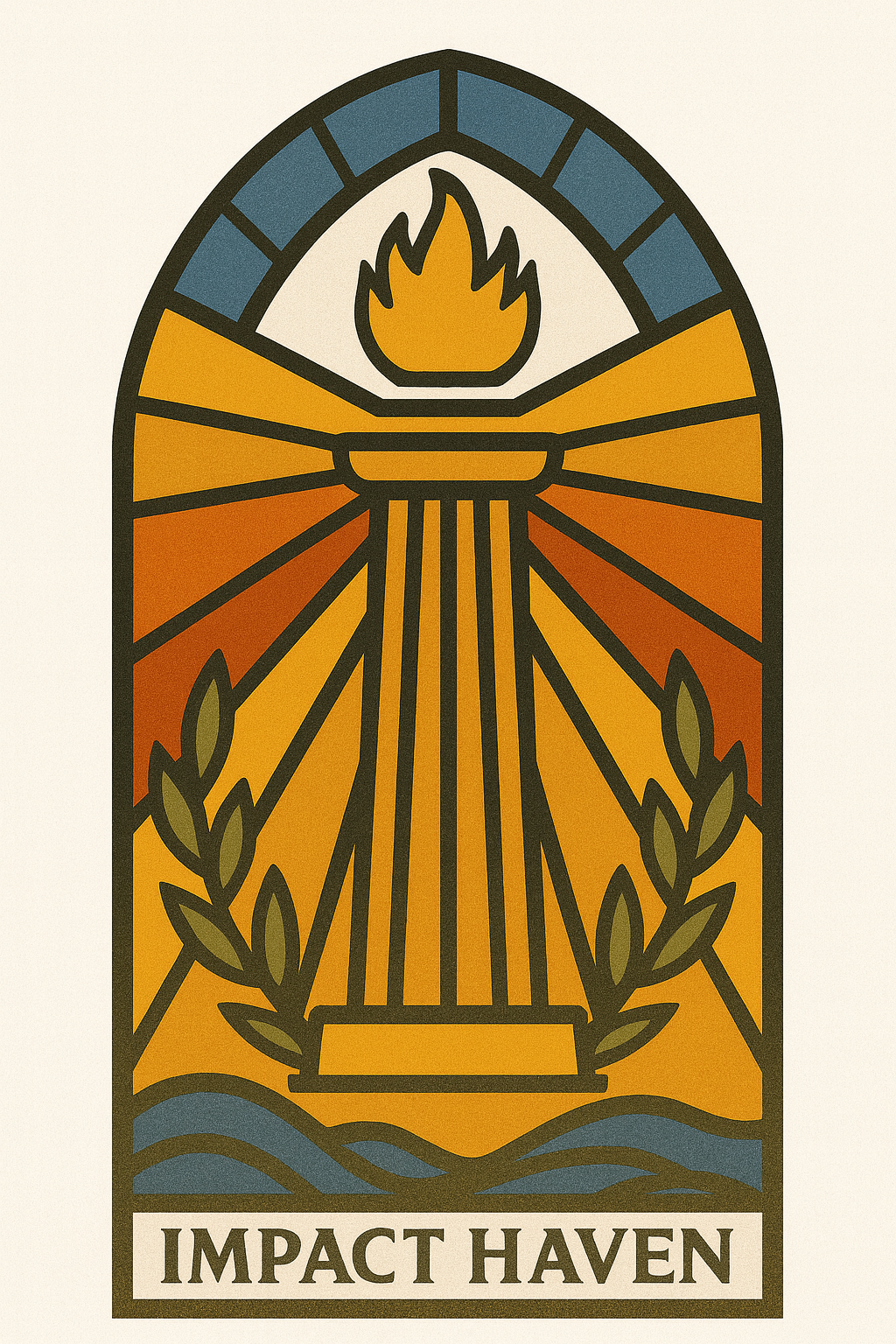 A stained glass window with a campfire, flames, and laurel branches, with the text "Impact Haven" at the bottom.