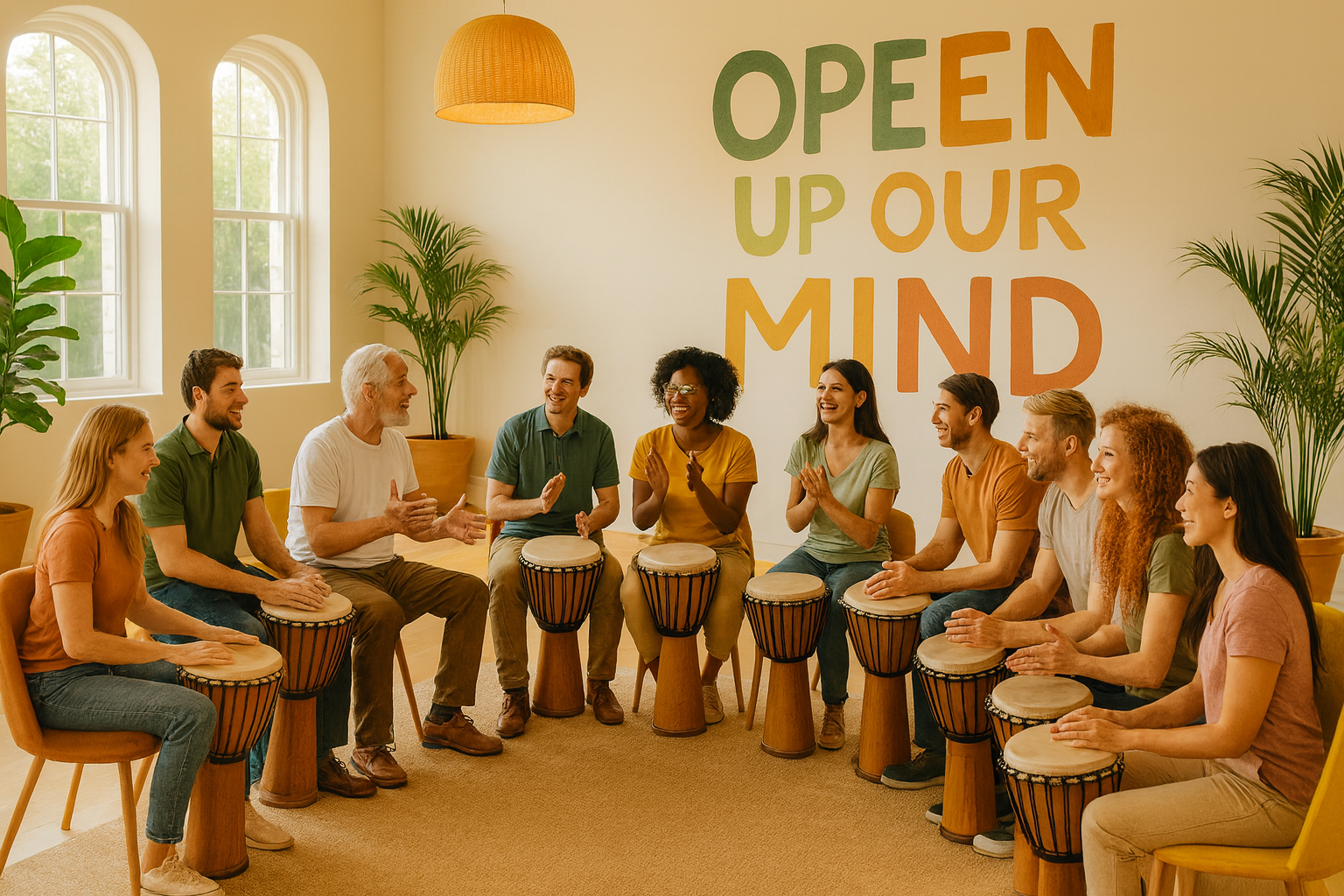 Group of people sitting in circle playing drums, smiling, and clapping in a sunny room with large windows and plants, with a colorful sign on the wall that reads 'Open Up Our Mind'.