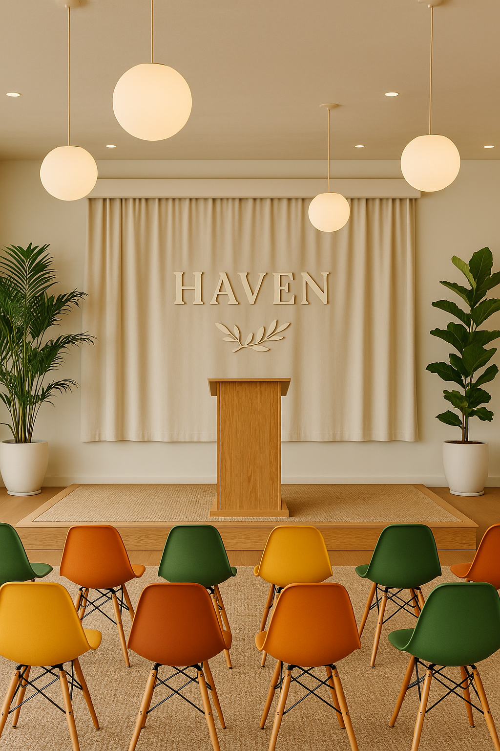 An event space with a stage, a wooden podium, and a backdrop with the word 'HAVEN' and a decorative branch underneath. There are two large potted plants on either side, six colorful chairs in front, pendant lights hanging from the ceiling, and cream-colored curtains behind the stage.
