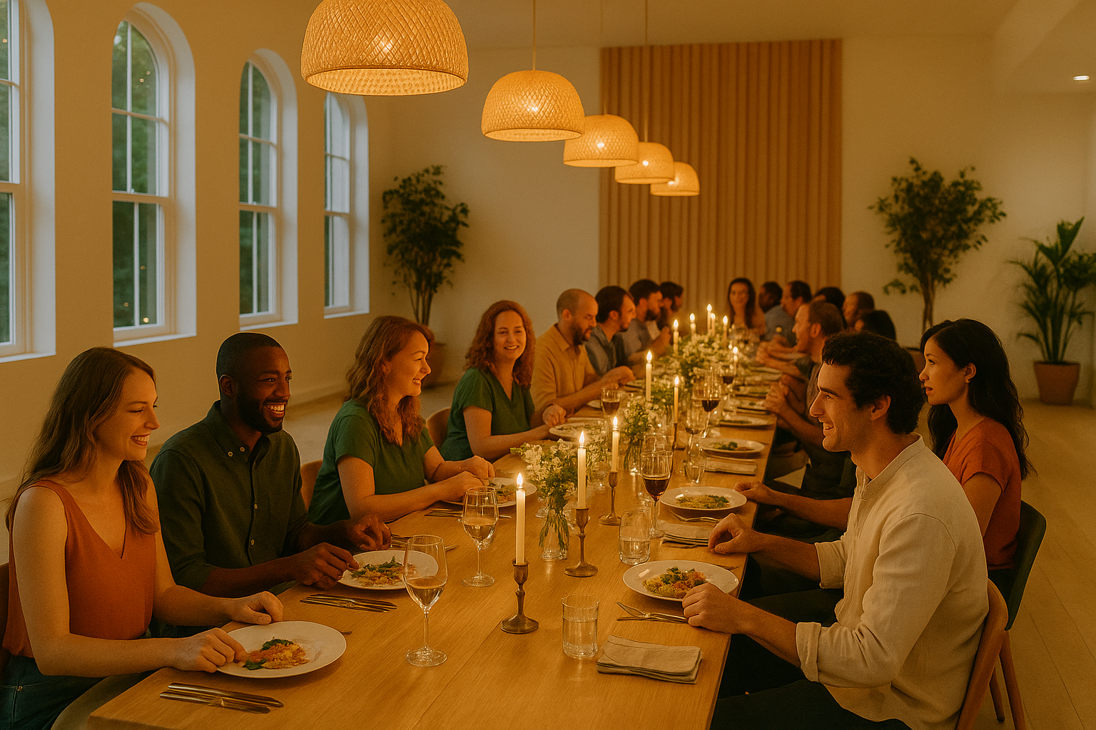 A diverse group of people enjoying a dinner party around a long table with candles and floral decorations in a warmly lit room.