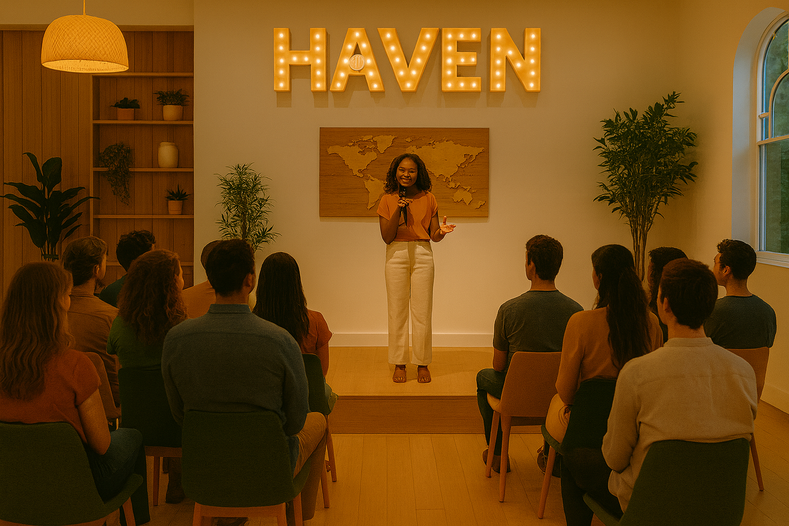 A woman giving a presentation to an audience in a cozy space with warm lighting, a sign that says 'HAVEN' illuminated on the wall, and a world map on the wall behind her.