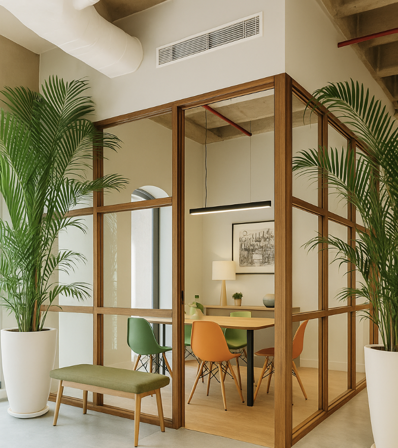 Modern office meeting room with glass walls, wooden framing, a round table, green and orange chairs, a wall-mounted LED light, a framed picture, a table lamp, and large potted plants.