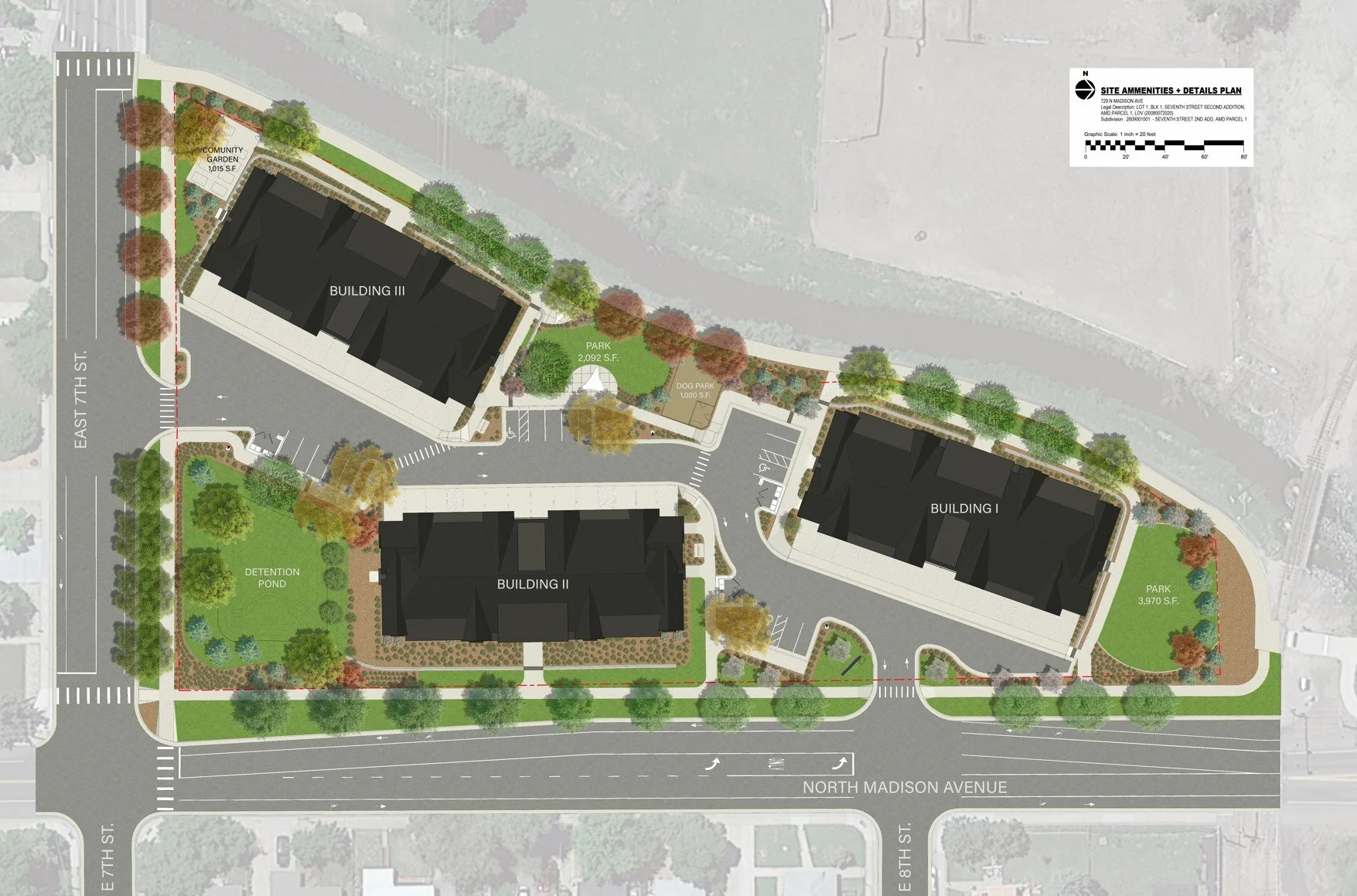 Site plan of residential complex with three buildings, parking areas, green spaces, parking lots, a community garden, a detention pond, and walking paths along North Madison Avenue and East 7th Street.
