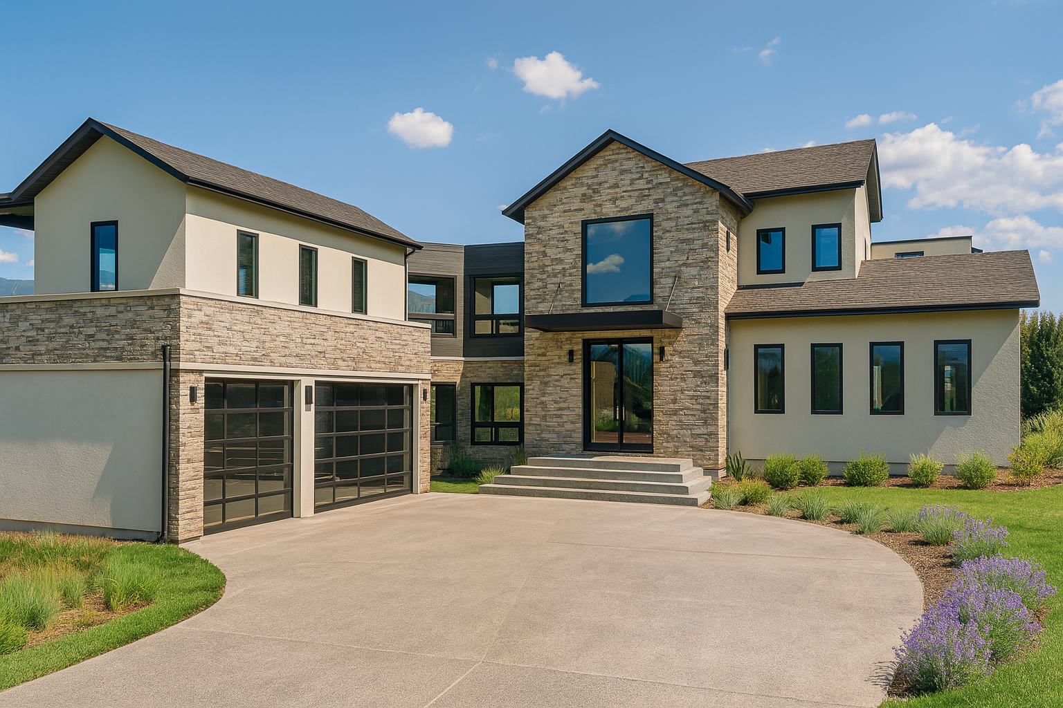 Modern house with stone and stucco exterior, Marshall Fire home rebuild, in Boulder Colorado CO