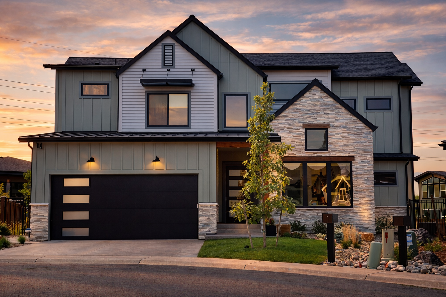 Modern two-story house, Marshall Fire home rebuild, in Louisville Colorado CO