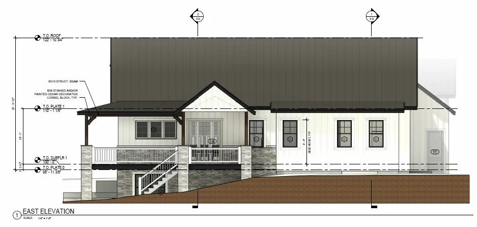 Architectural drawing of a single-story house's east elevation showing a porch, front door with a window, multiple windows, and a gabled roof with measurements and annotations.