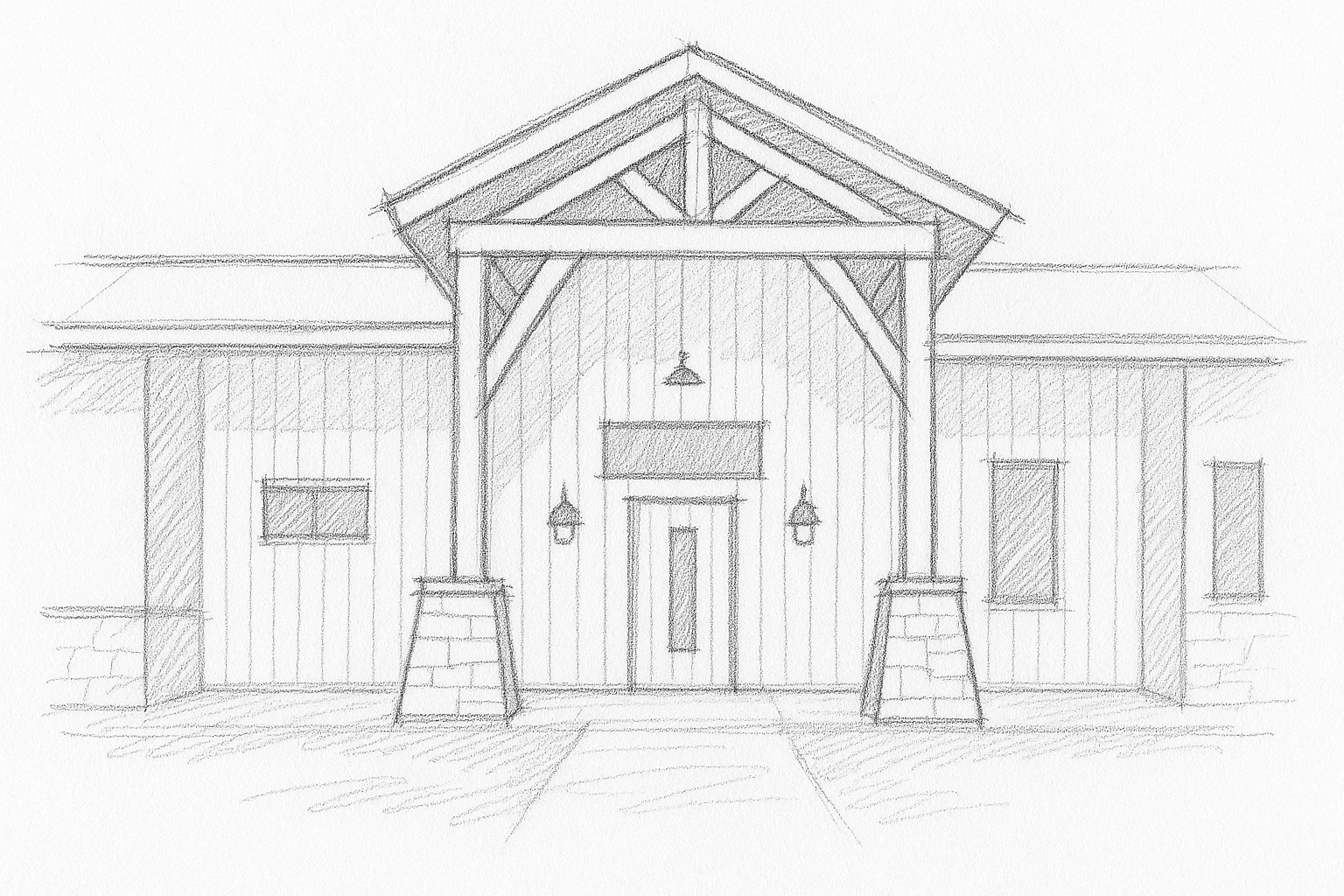 Sketch of a rustic house with a prominent central entrance, two side windows, a gable roof, and outdoor lighting fixtures.