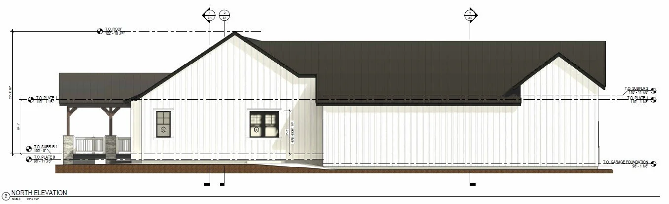 North elevation architectural blueprint of a house with a gabled roof, two windows, and a porch on the left side.