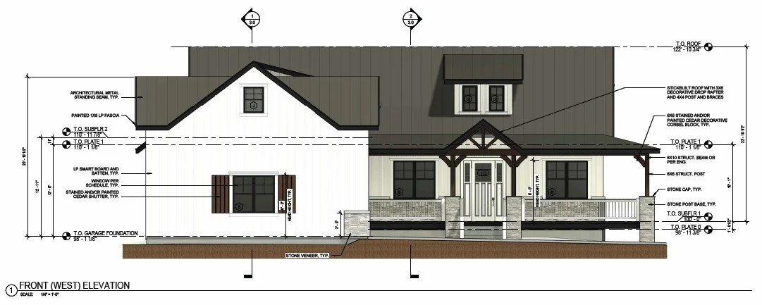 Blueprint drawing of the front (west) elevation of a house with detailed measurements, roof design, and building materials.