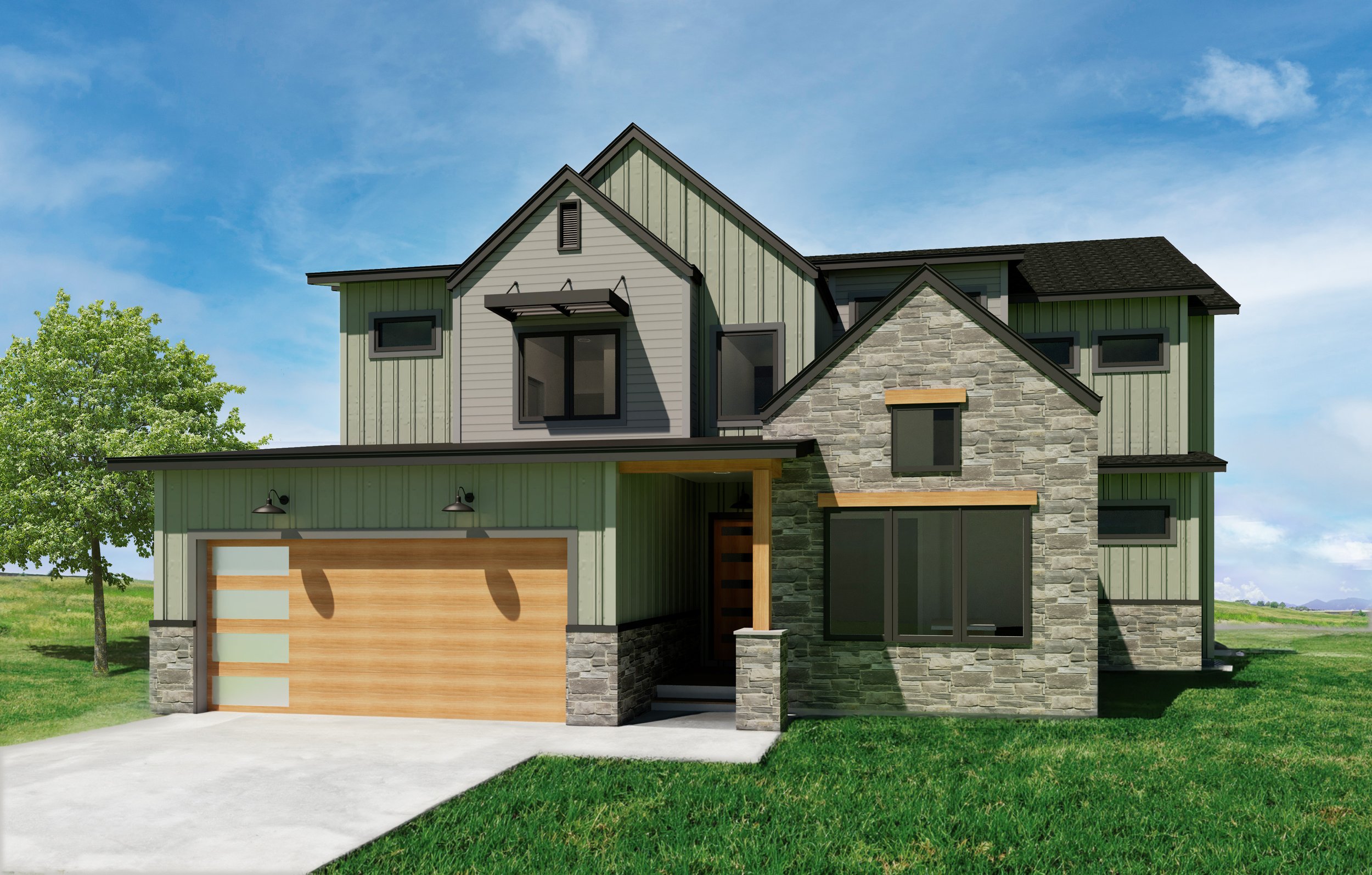 Modern multi-story house with green siding, gray accents, stone facade, and a two-car garage with a wooden door, located on a grassy lawn with a tree and blue sky in background.