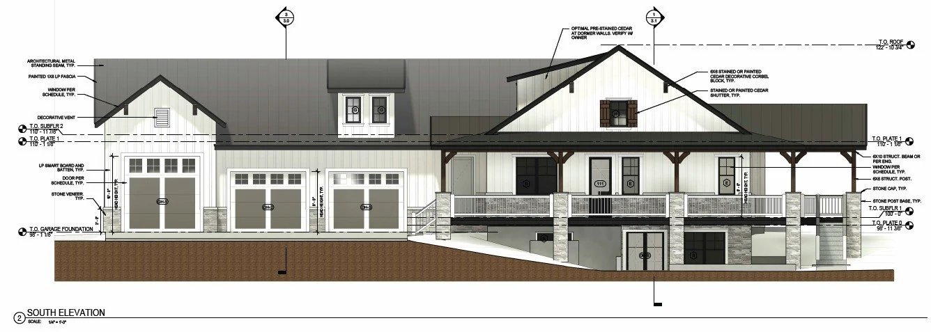 Architectural elevation drawing of the south side of a house showing the roof, windows, doors, garage, and exterior materials with construction details and measurements.