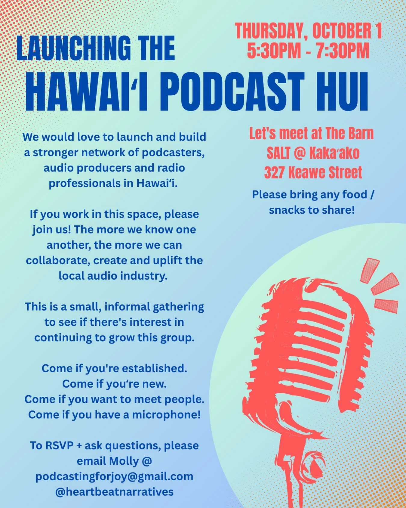 HAWAI&rsquo;I PODCASTERS! 📣 I would love to launch and build a stronger network of podcasters, audio producers and radio professionals in Hawaiʻi.

If you work in this space, please join on October 1! The more we know one another, the more we can co