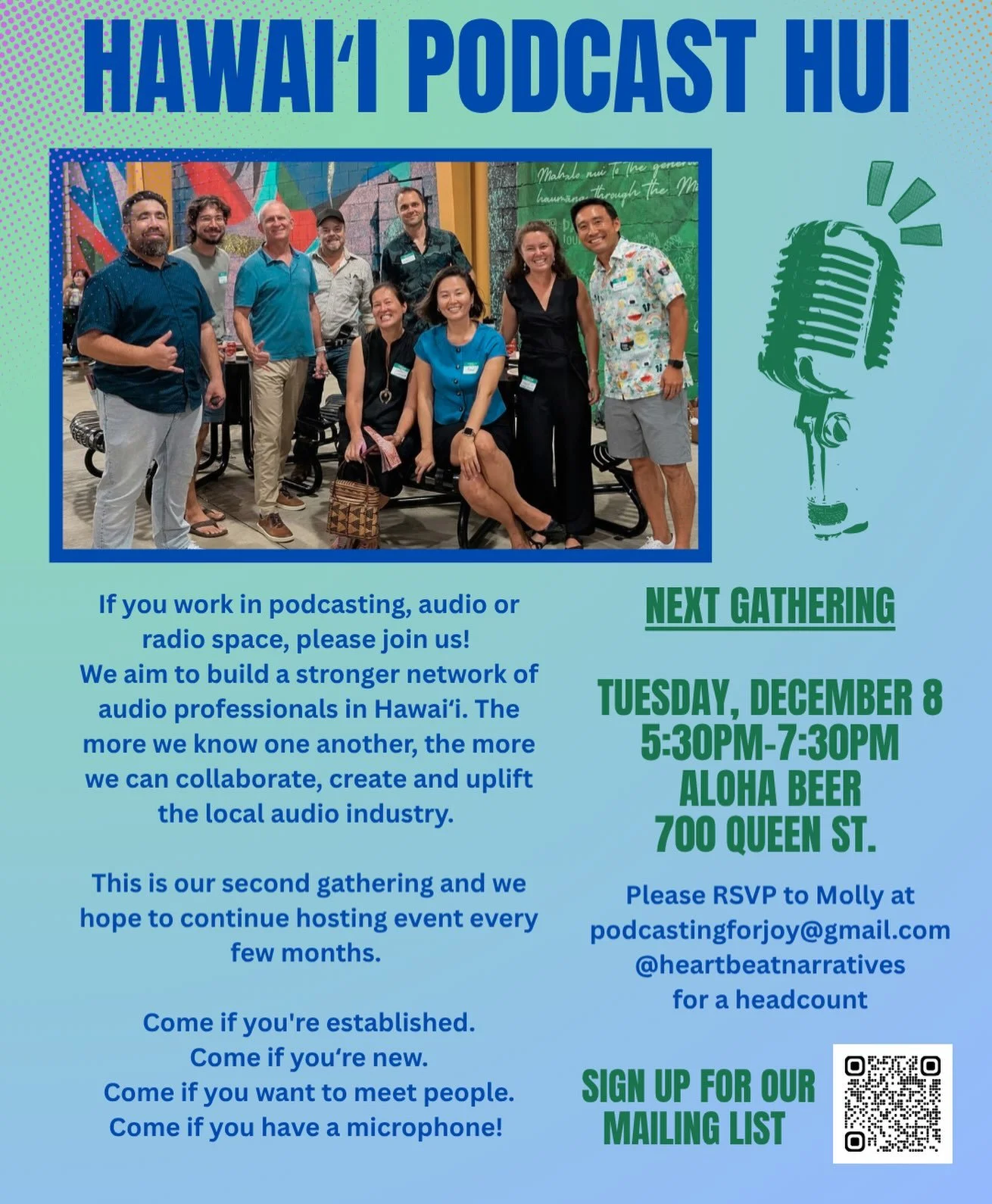 HAWAI&rsquo;I PODCASTERS! 📣 For our second Hawai&rsquo;i Podcast Hui meet-up, please join us on Tuesday, December 8, from 5:30&ndash;7:30 p.m. at Aloha Beer (700 Queen St. in Honolulu) @alohabeerco 

Please RSVP to Molly at podcastingforjoy@gmail.co