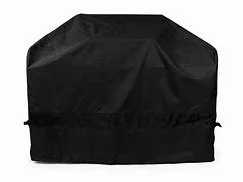 A black grill cover covering a barbecue grill.