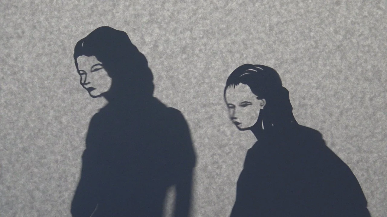Two women cast their shadows on a textured wall, with portraits of faces integrated into the shadows.