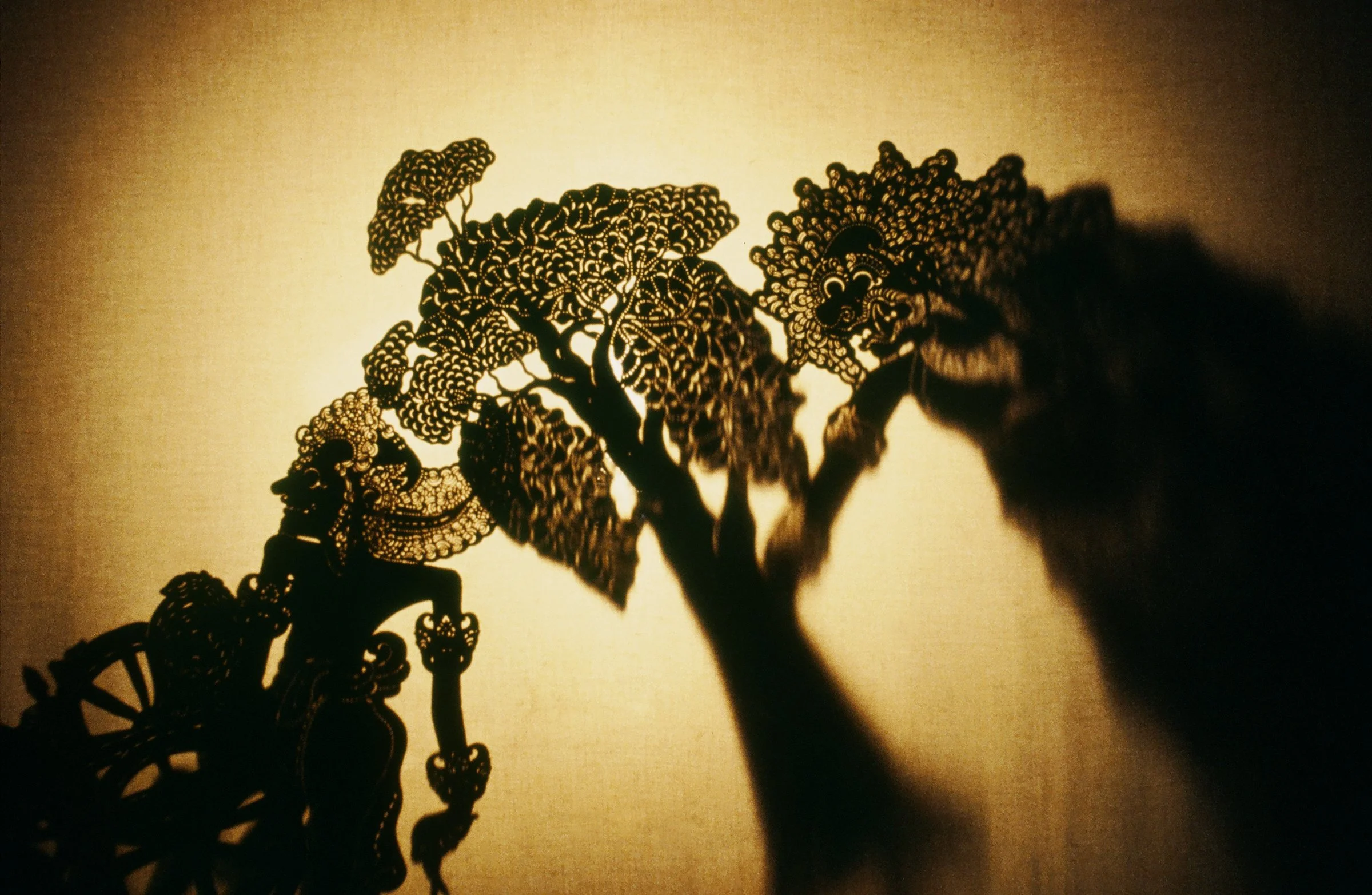 Silhouette of intricate paper cutout with a tree and dragon figure, cast shadows on a beige wall.