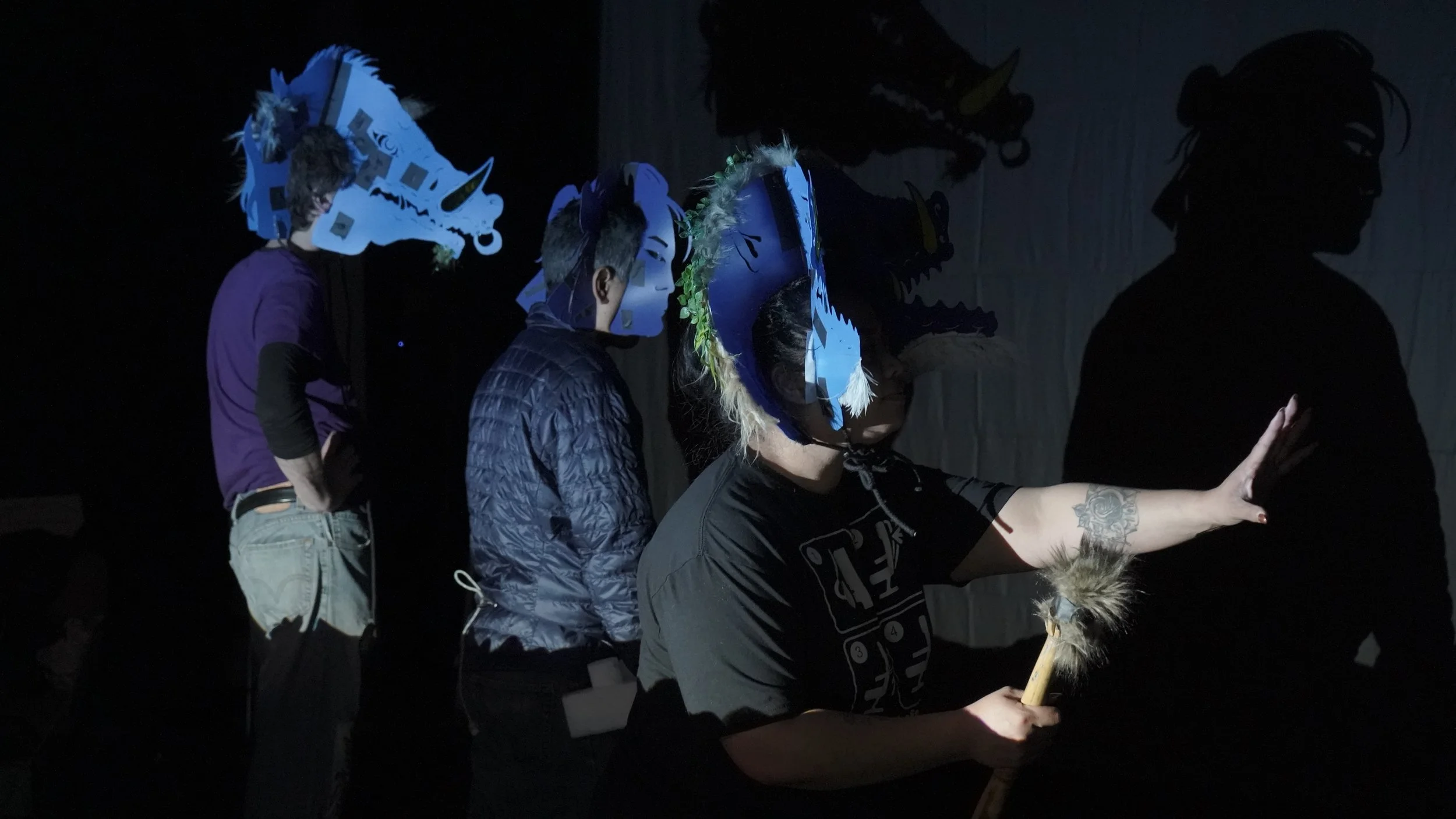 (L-R) Fred C. Riley III, I Made Moja, and Lindsay Ordesta shadow acting their characters