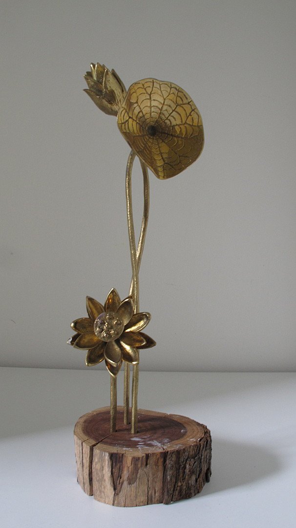 3 Gold Brass Flowers with custom timber stand
