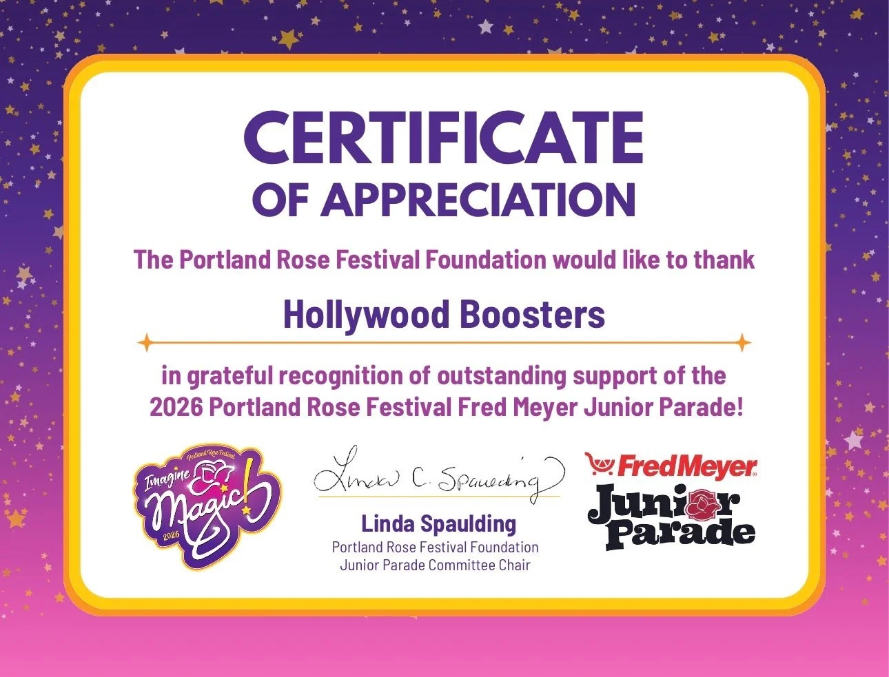 Portland Rose Festival Foundation Certificate of Appreciation