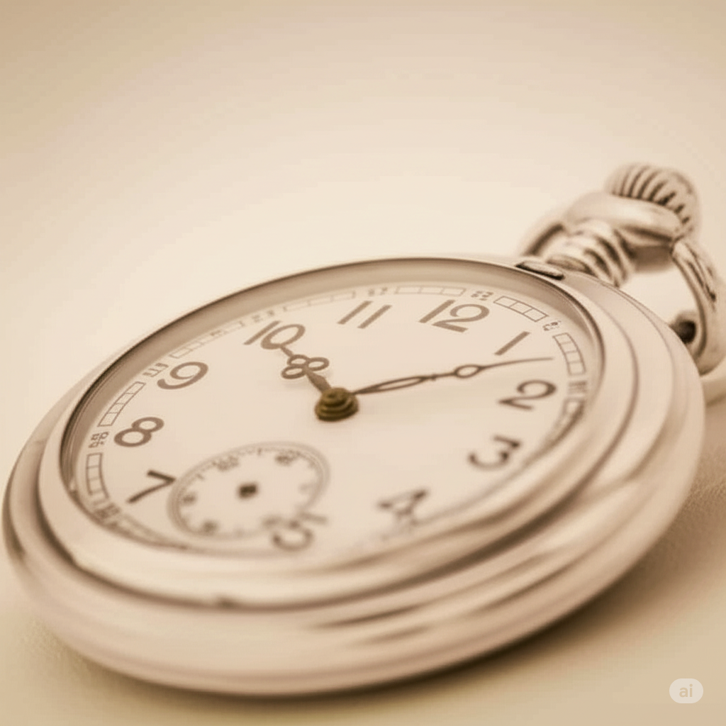 A close-up of a vintage pocket watch with a smaller seconds dial. The watch is silver with a white face and black numerals.