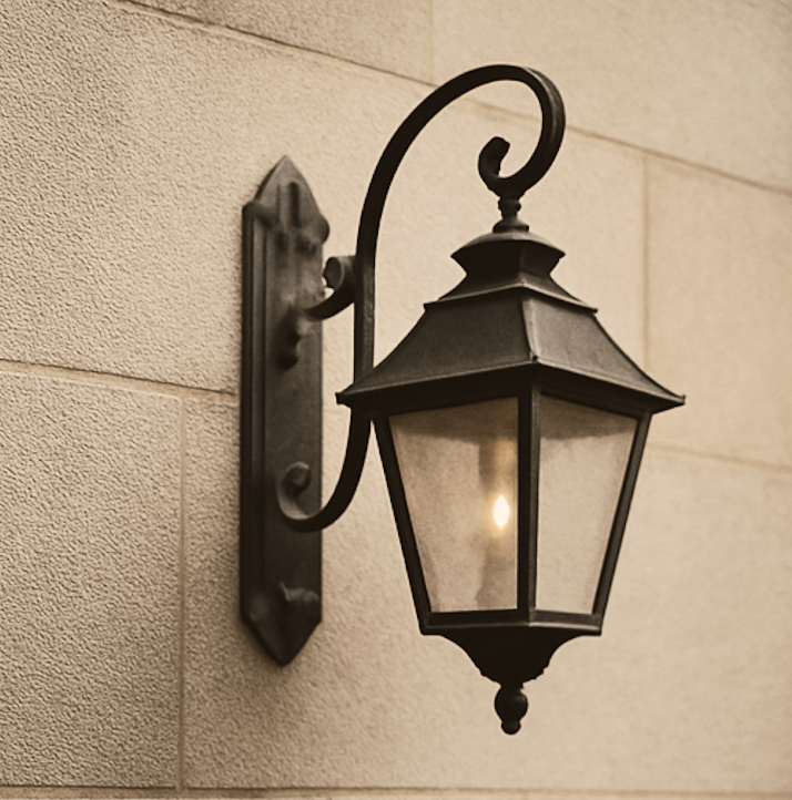 Black outdoor wall lantern mounted on beige brick wall.